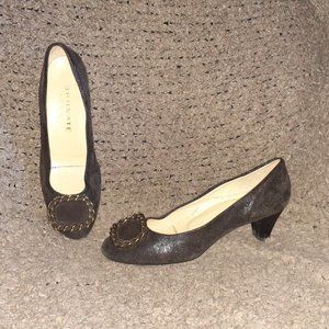 BRUNATE-Italy-Brown Shimmer Suede-Bronze Chain Pumps-Sz 39-Near Mint